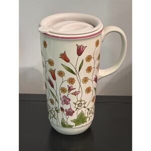 Longaberger Pottery Floral Travel Dring Mug Tumbler with Lid 16 Oz Flowers